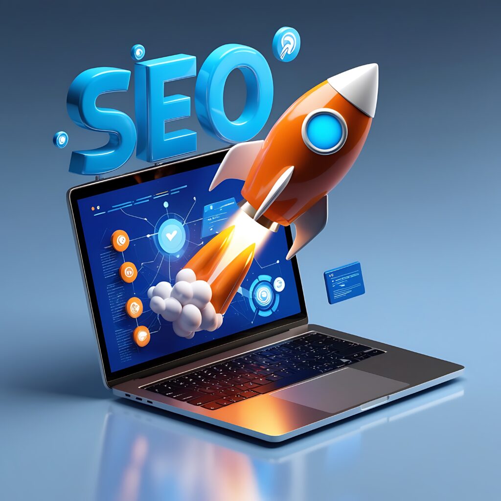 3d render seo optimization with rocket launching from laptop