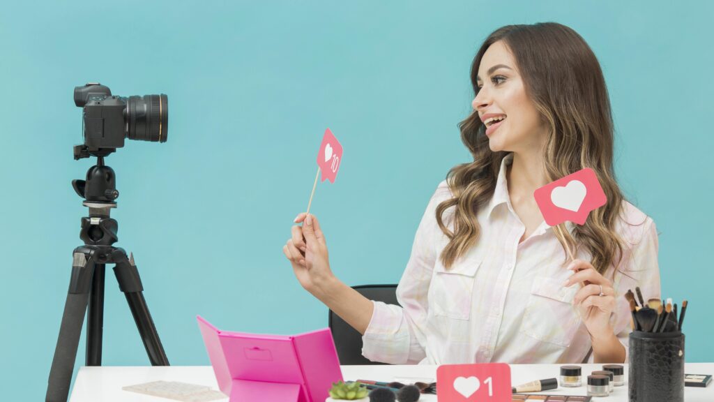 beautiful woman happy record video