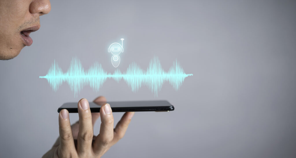 man is talking smartphone perform tasks through ai assistant